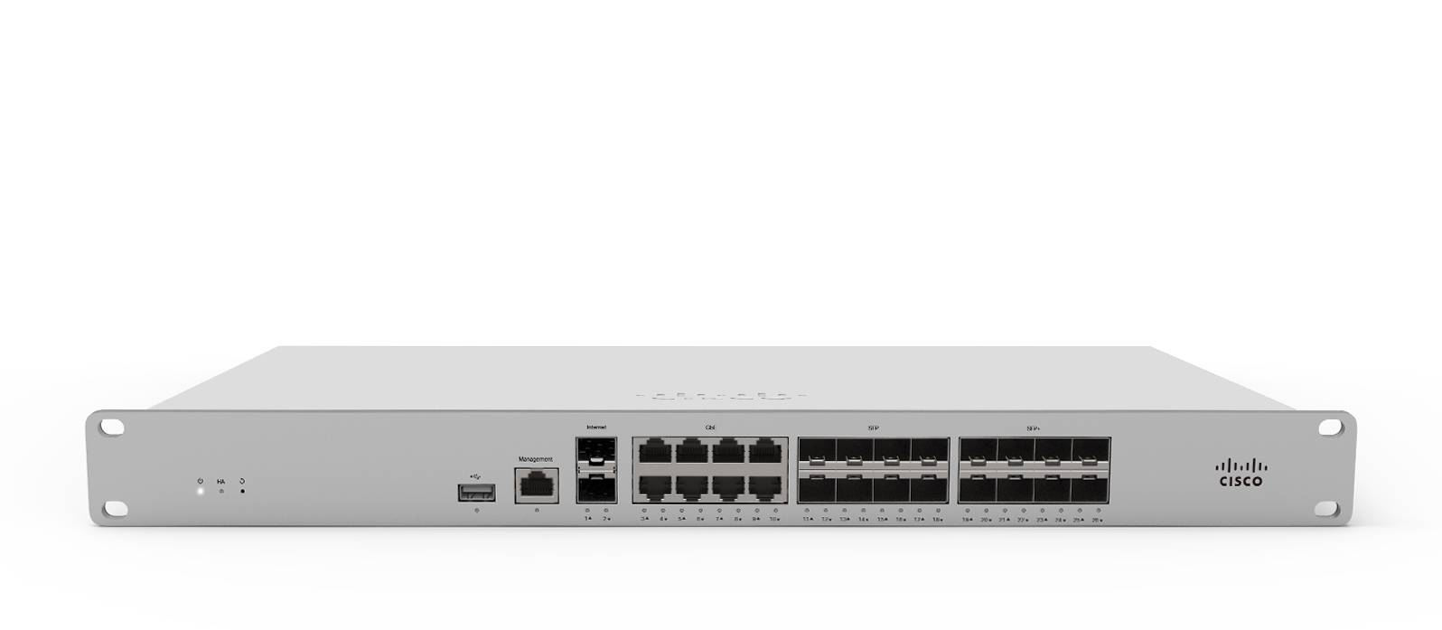 Vorderansicht eines Cisco-Netzwerkschalters zur Rackmontage mit mehreren Ethernet-Anschlüssen, USB- und Konsolenverbindungen auf der Frontplatte.