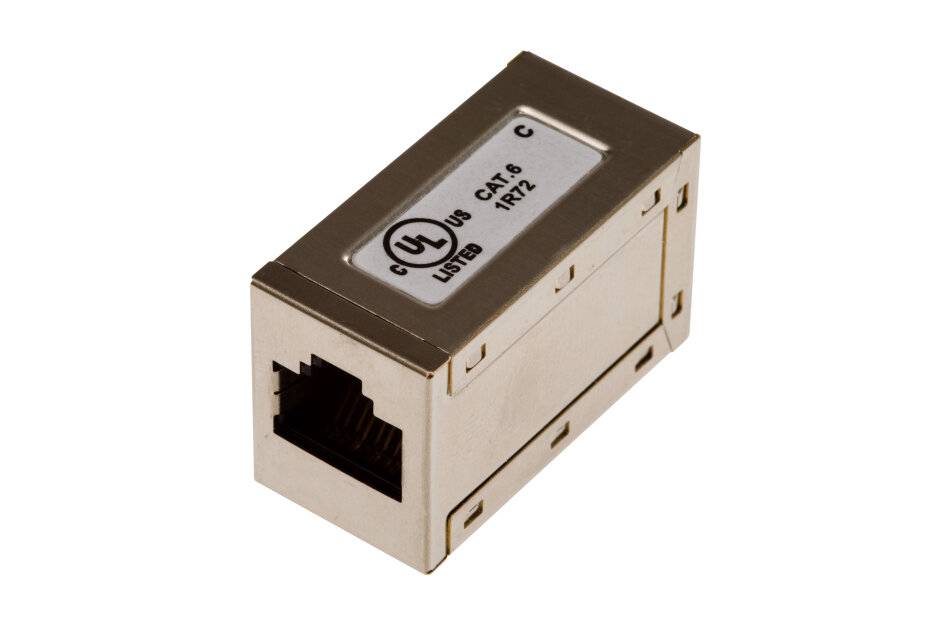 Metall-Ethernet-RJ45-Kuppler-Adapter mit einem weiblichen Anschluss, gezeigt auf weißem Hintergrund.