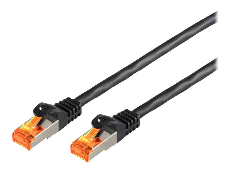 Zwei schwarze Ethernet-Kabel mit orangefarbenen RJ45-Steckern auf weißem Hintergrund.