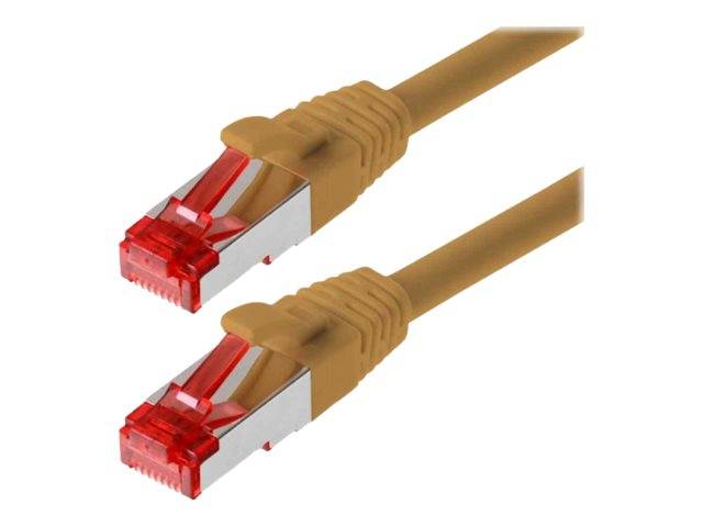 Zwei beige Ethernet-Kabel mit roten RJ45-Steckern auf weißem Hintergrund.