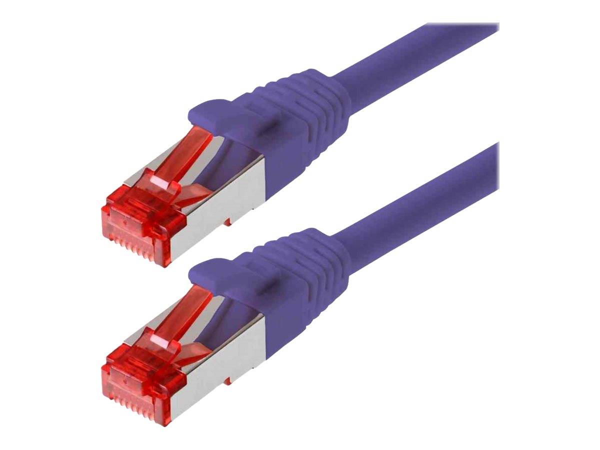 Zwei lila Ethernet-Kabel mit roten RJ45-Steckern auf weißem Hintergrund.