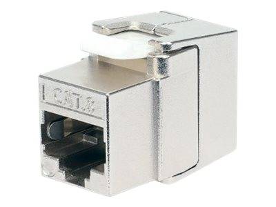 Nahaufnahme eines Metall-Ethernet-Netzwerkbuchsenkuppler mit RJ45-Anschlüssen, der zum Verbinden von zwei Netzwerkkabeln verwendet wird.