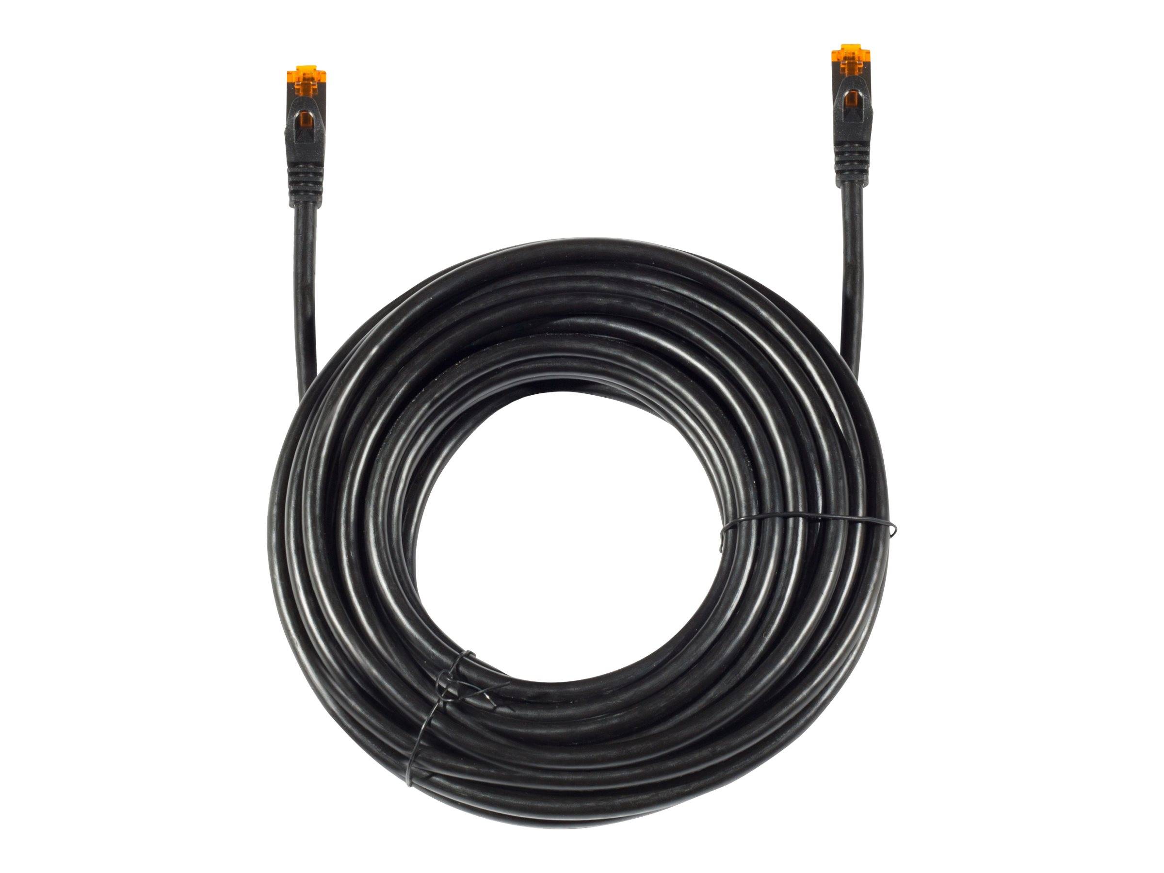 Aufgerolltes schwarzes Ethernet-Kabel mit zwei RJ45-Steckern an den Enden.