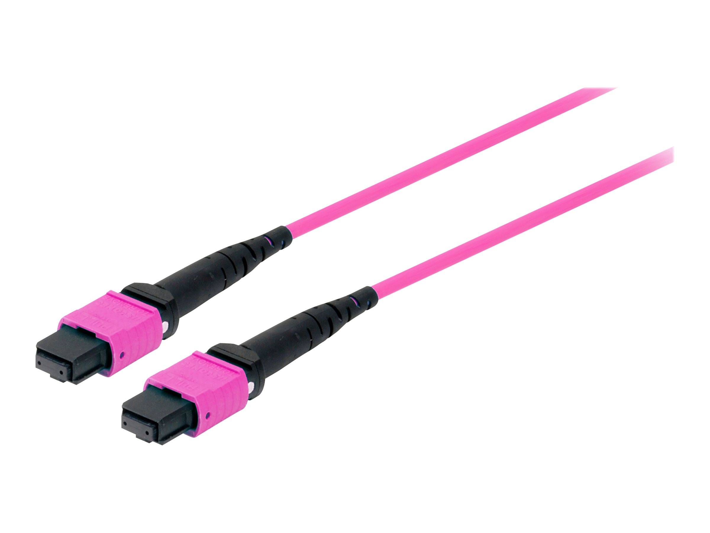 Zwei rosa Lichtwellenleiterkabel mit schwarzen Steckverbindern auf weißem Hintergrund.