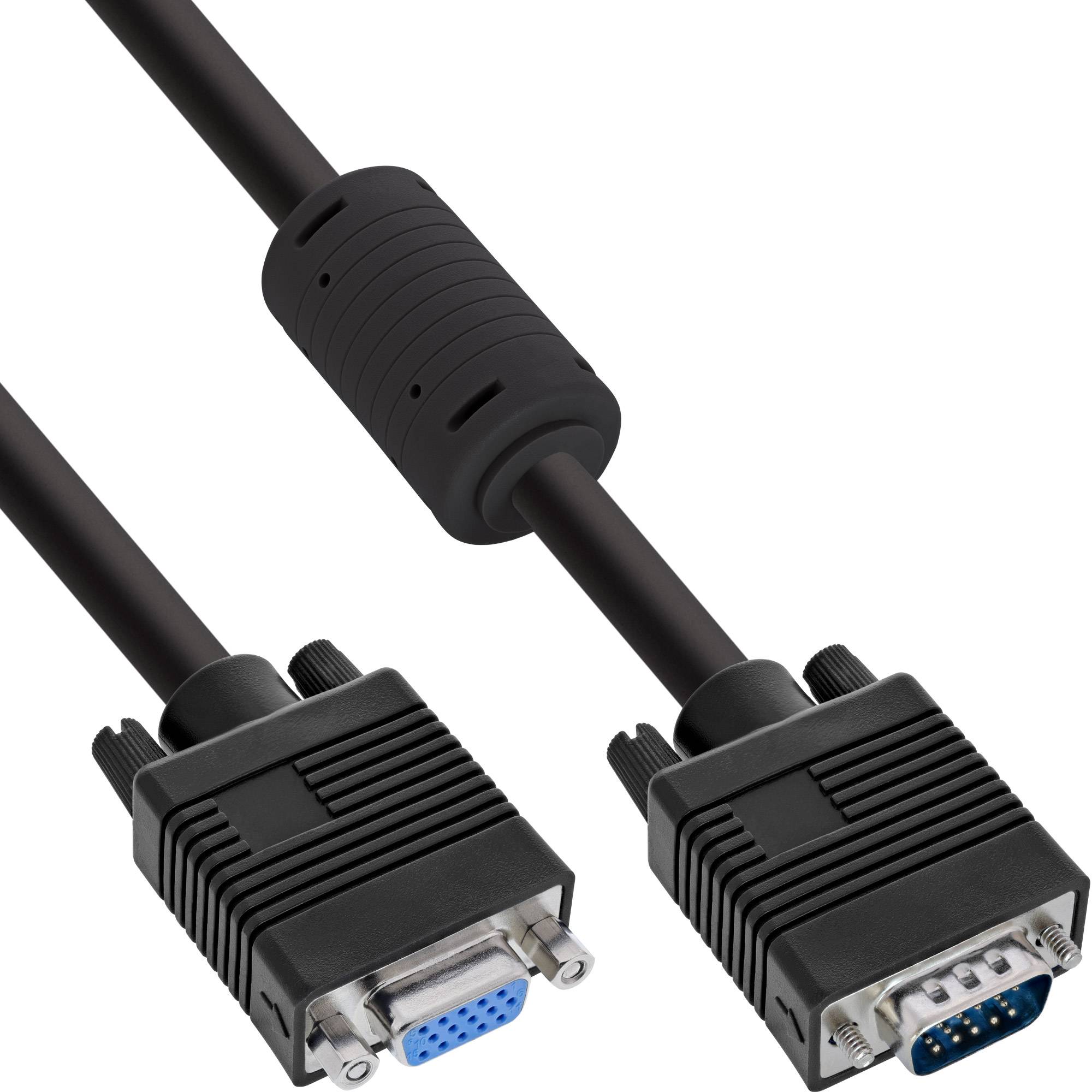 Schwarzes VGA-Kabel mit Steckverbindern und einem Ferrit-Ringkern, in Nahaufnahme auf weißem Hintergrund dargestellt.