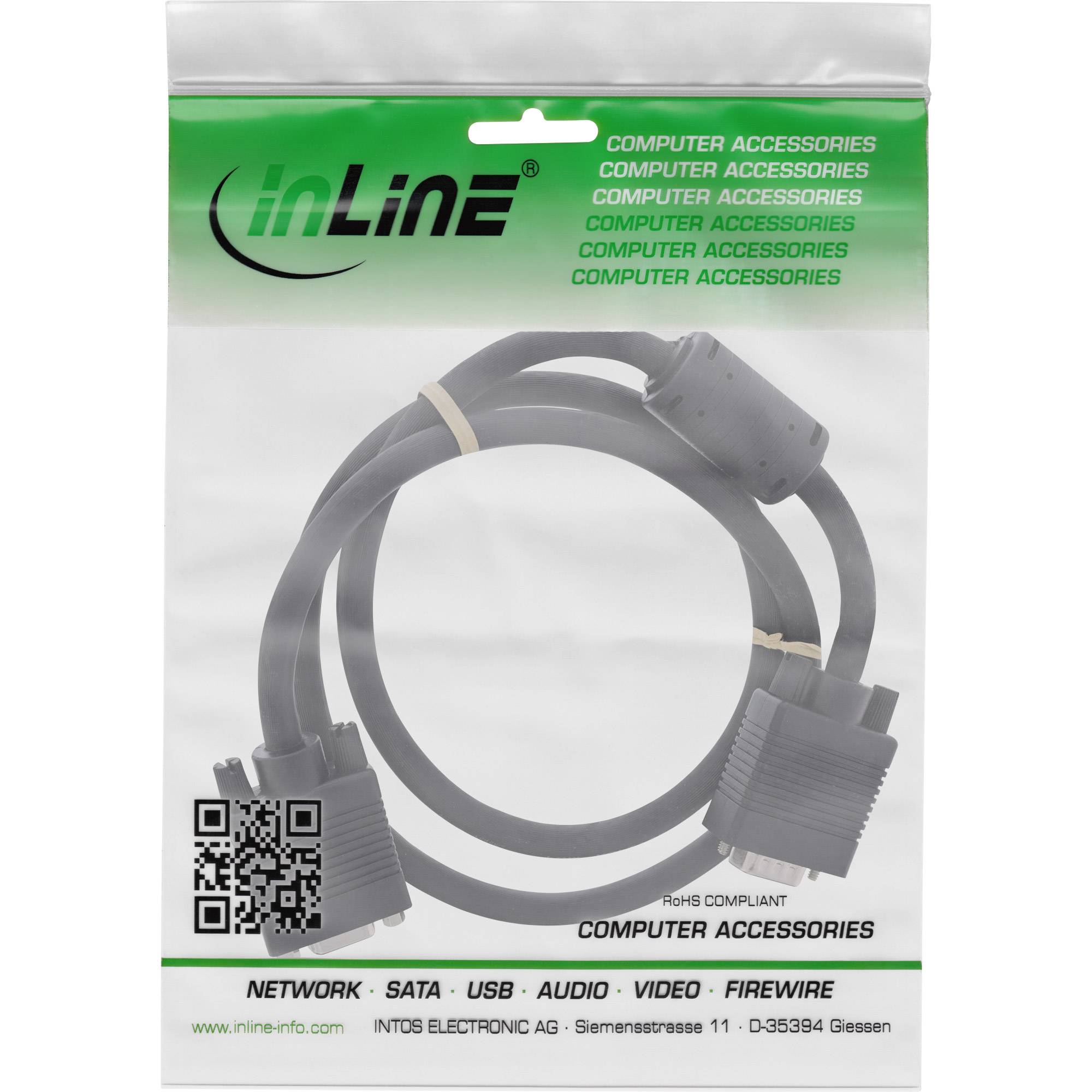 Paket eines inLine-Computerzubehörkabels mit Beschriftung für Netzwerk, SATA, USB, Audio, Video und FireWire, mit einem QR-Code.