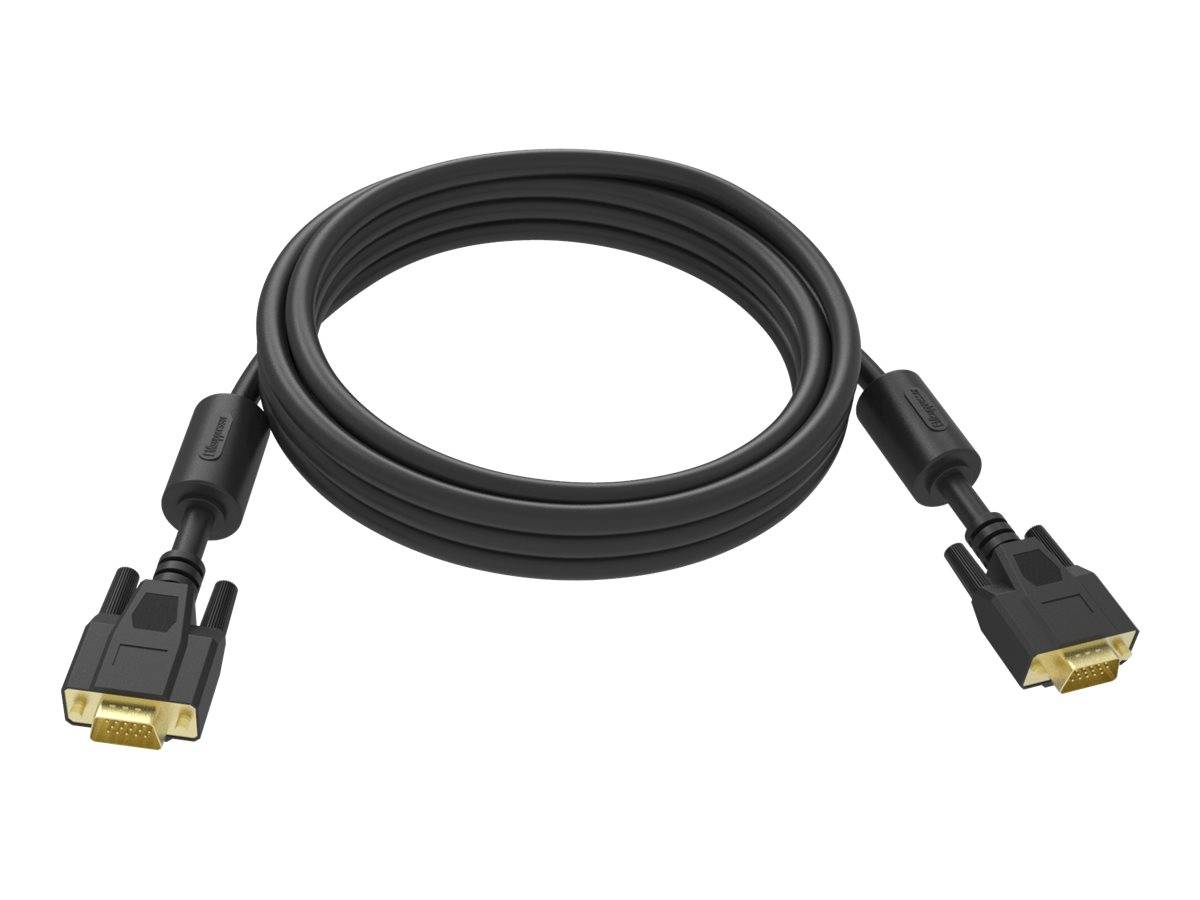 Schwarzes Kabel mit zwei VGA-Anschlüssen, aufgerollt auf weißem Hintergrund.