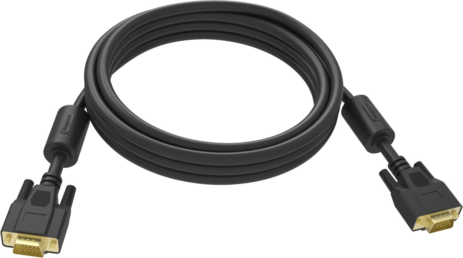 Schwarzes Kabel mit zwei DVI-Anschlüssen auf weißem Hintergrund