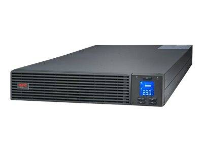 Vorderansicht einer schwarzen, in ein Rack eingebauten APC-Stromversorgungseinheit mit belüftetem Gitter und blauem digitalen Display, das 230 Volt anzeigt.