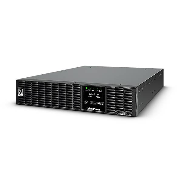 Frontansicht einer CyberPower-Rack-USV mit digitaler Statusanzeige und belüftetem schwarzem Metallgehäuse vor schwarzem Hintergrund