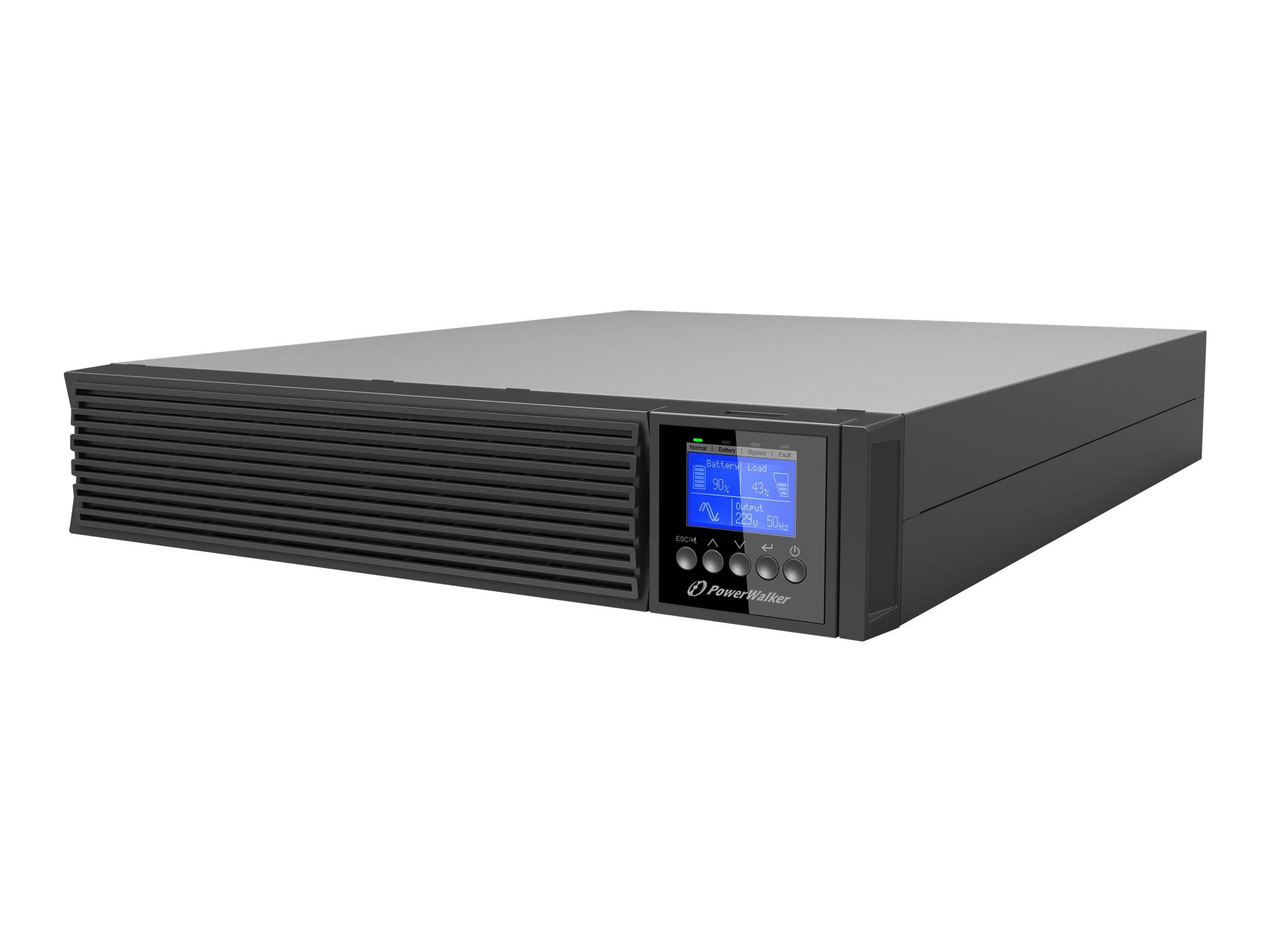 Schwarzes Rack-Gehäuse mit belüftetem Frontpaneel und kleinem blauem LCD-Kontrollbildschirm auf der rechten Seite