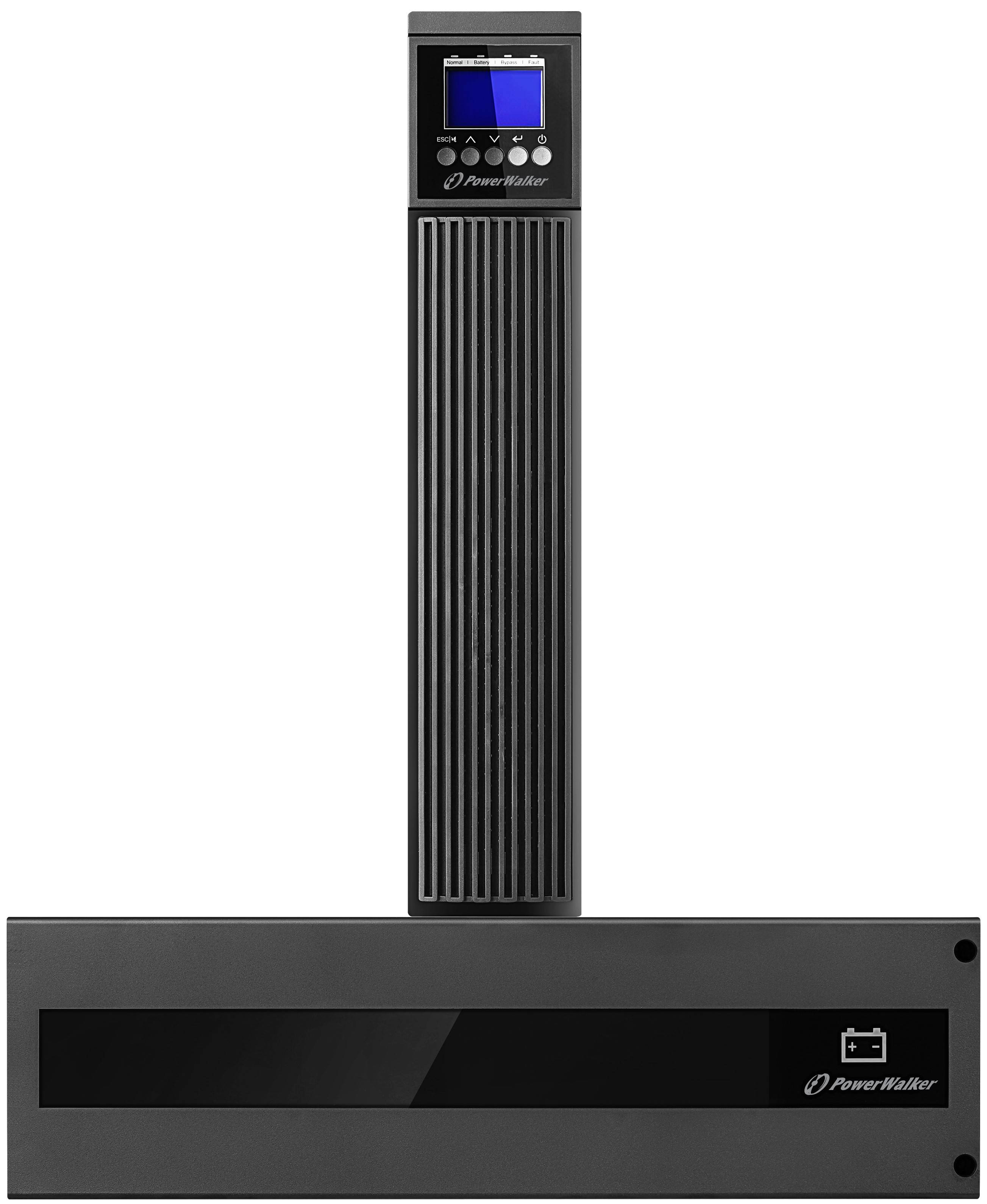 Black PowerWalker Rack-Mount USV mit hohem vertikalem Frontpanel, LCD-Display und horizontaler Batterieeinheit darunter.