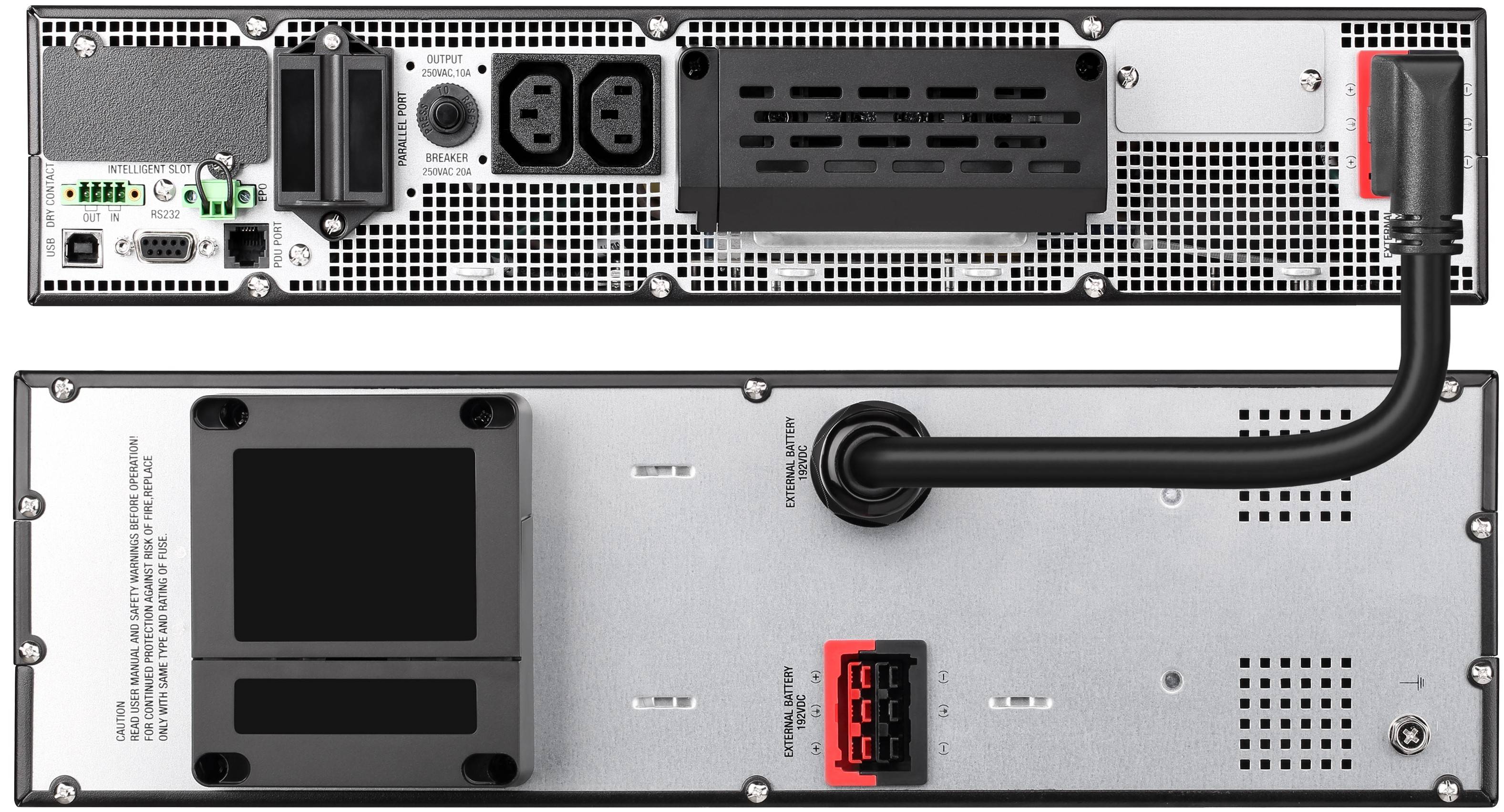 Rück- und Unteransichten eines Rack-Mount-Netzteils mit AC-Eingang, Lüftungsöffnungen, Display und rotem Stromstecker mit angeschlossenem Kabel.