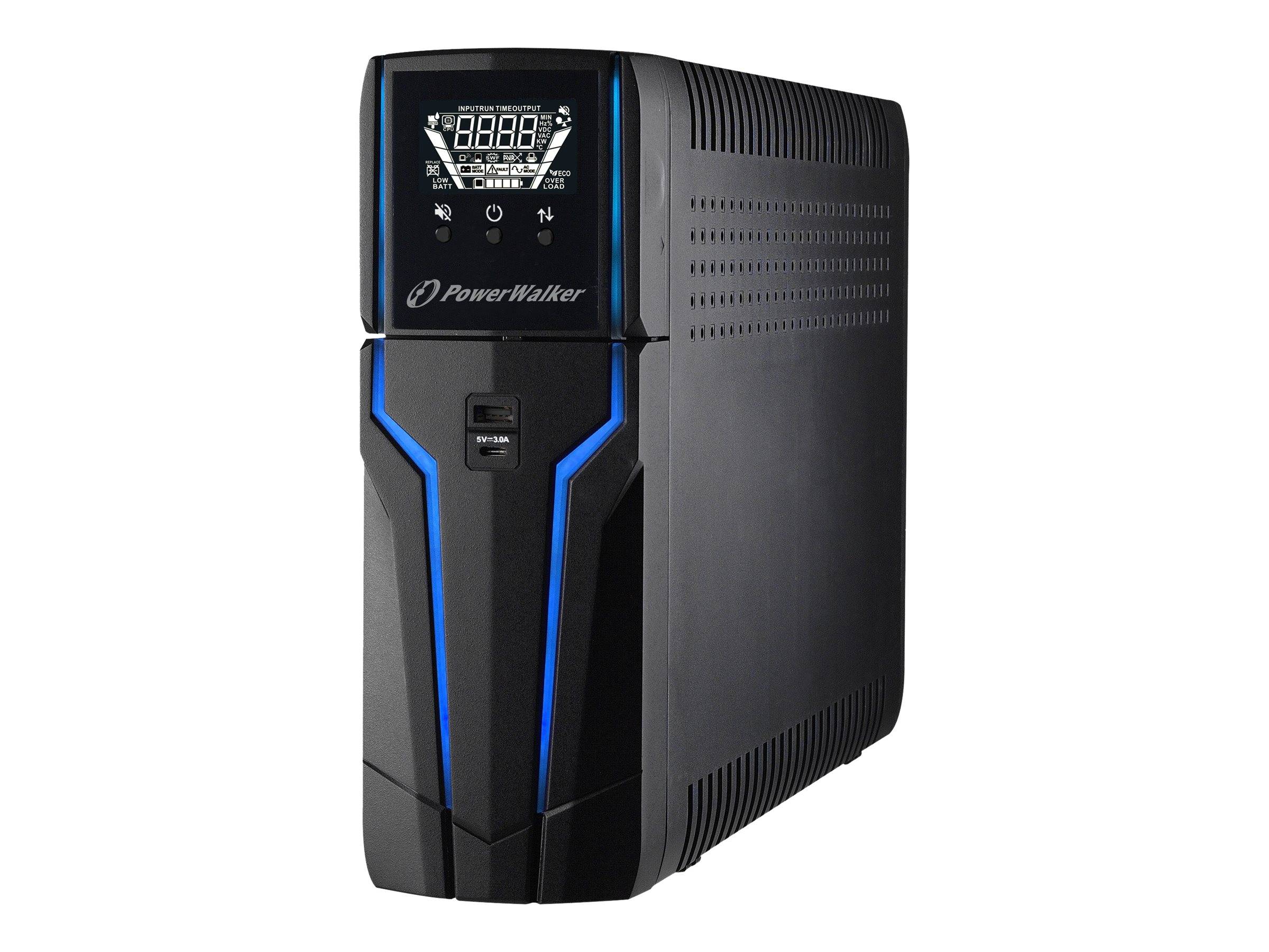 Schwarzes PowerWalker-Unterbrechungsfreies Stromversorgungsgerät mit Frontdisplay, USB-Anschluss und blauer Akzentbeleuchtung auf weißem Hintergrund.