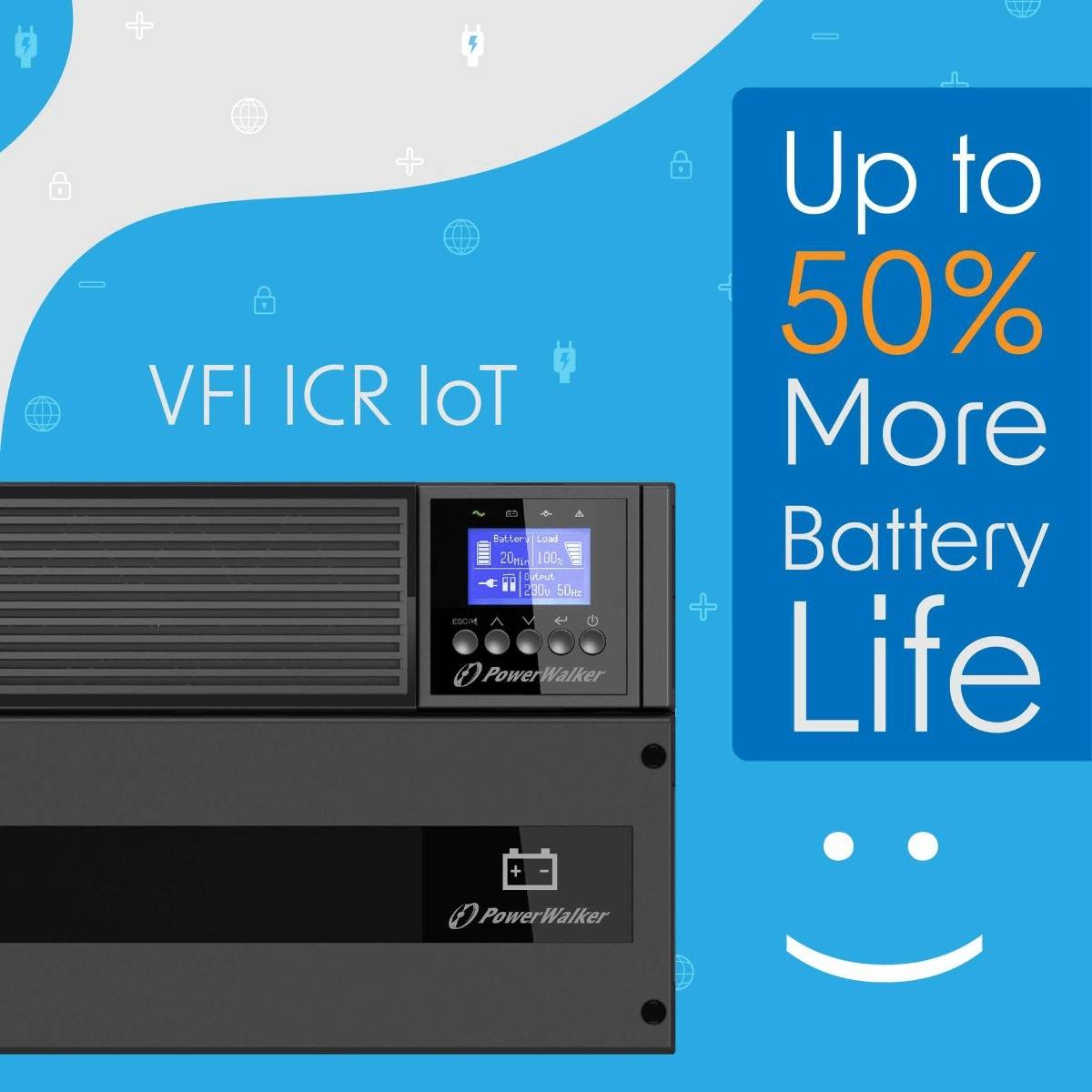 PowerWalker VFI ICR IoT USV mit Anzeigebildschirm, wirbt für „Bis zu 50% längere Batterielebensdauer