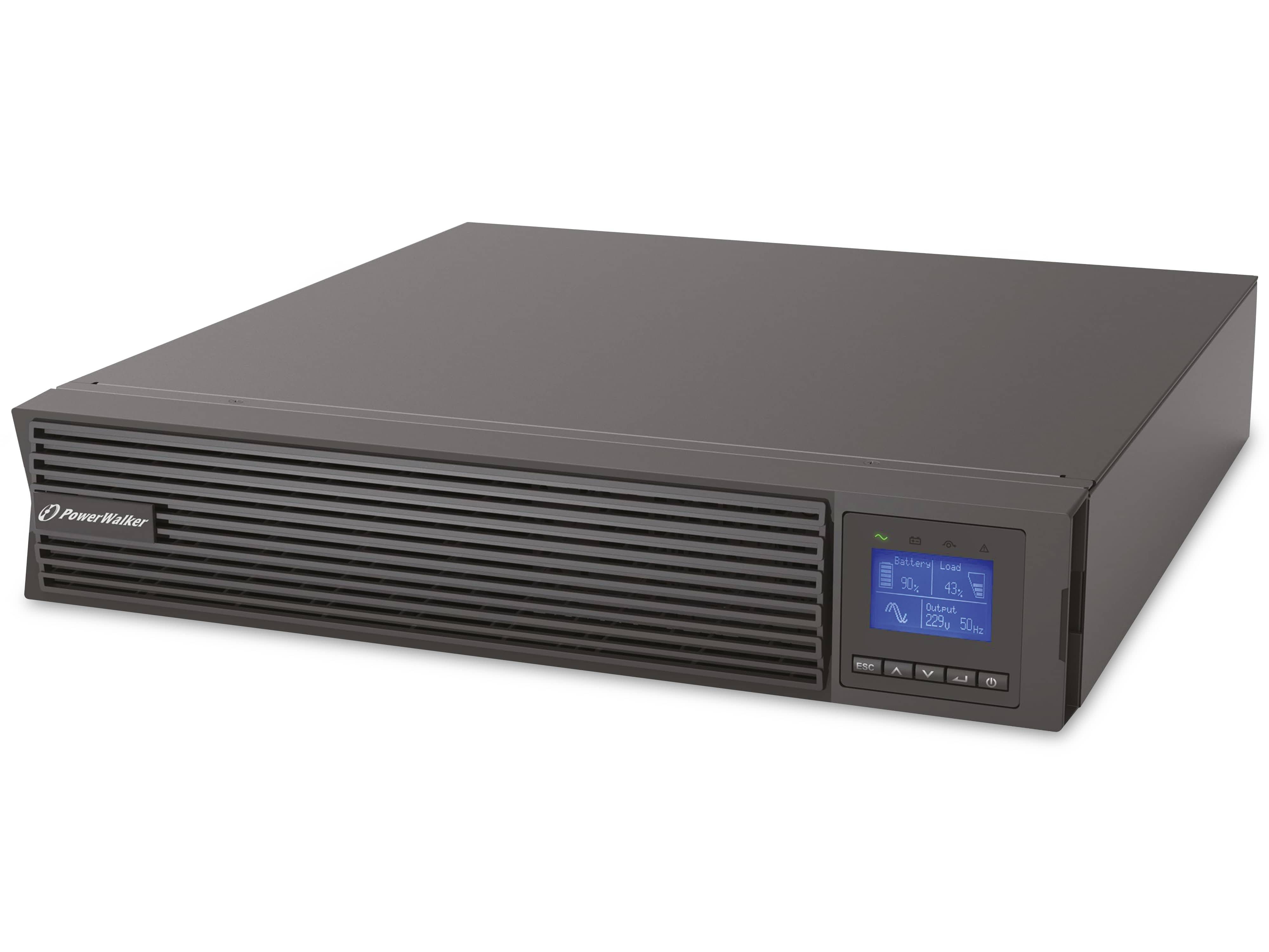 Schwarze Rack-Mount-USV PowerWalker mit frontalem Belüftungsgitter und blauem LCD-Statusdisplay auf der rechten Seite.