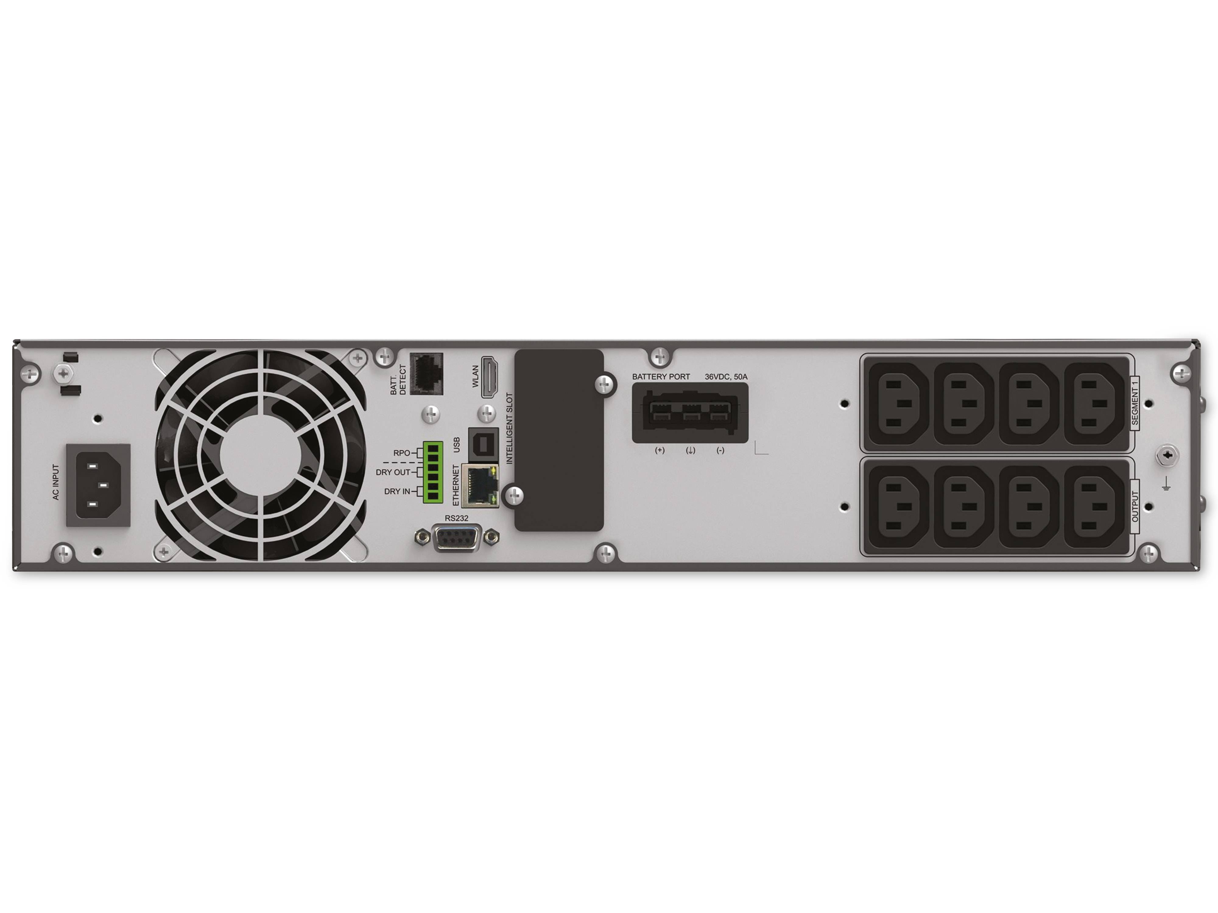 Rückansicht eines Computernetzteil mit Wechselstromeingang, Kühlventilator, Netzschalter, modularen Anschlüssen und acht Ausgangsbuchsen.