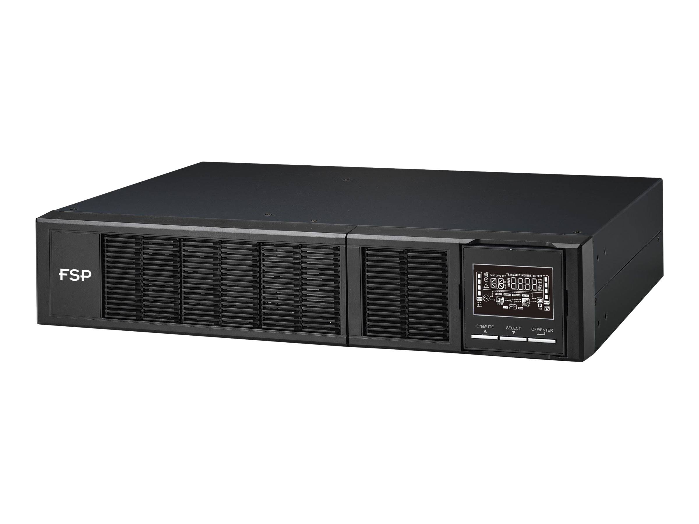 Schwarzes Rack-UPS/Stromausfallschutz-Gerät mit Lüftungsgittern an der Vorderseite und einem kleinen digitalen Display-Panel auf der rechten Seite.