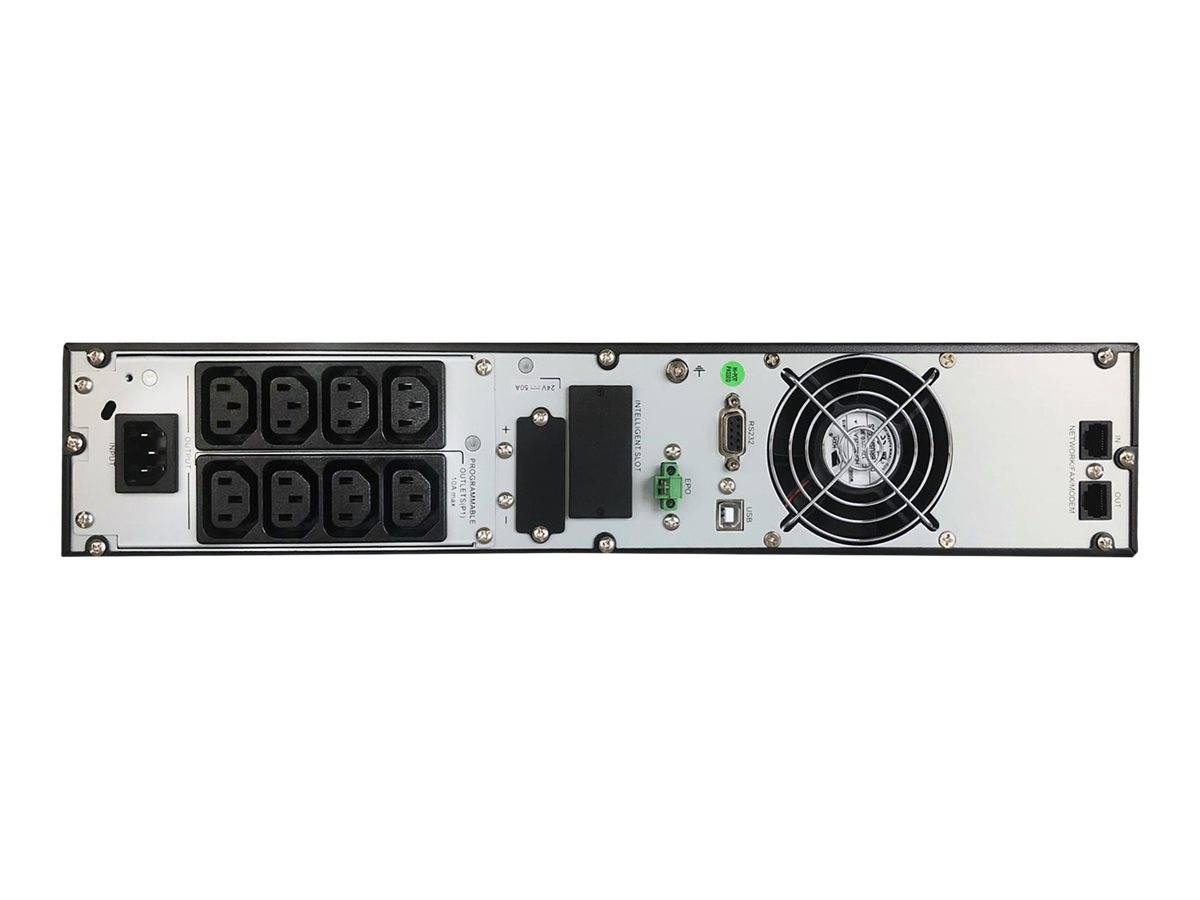 Rückseite eines Rack-Einbau-Stromversorgungsgeräts mit AC-Eingang, mehreren Ausgangsanschlüssen, Status-LEDs, Steuerungsanschlüssen und Kühlventilator.