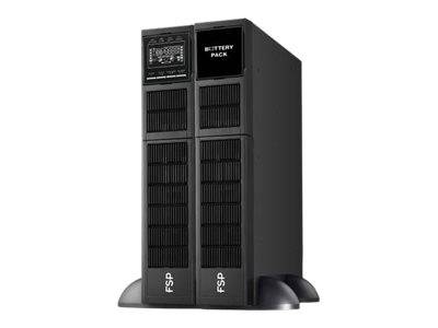 Schwarze FSP-Batterie-Backup-/USV-Einheit mit Frontdisplay und Belüftungspanelen auf weißem Hintergrund.
