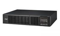 Schwarzes Rack-Mount-Netzteil von FSP mit vorderer Belüftungsgitter und kleinem Bedienungs-/Anzeigefeld auf der rechten Seite, auf weißem Hintergrund dargestellt.