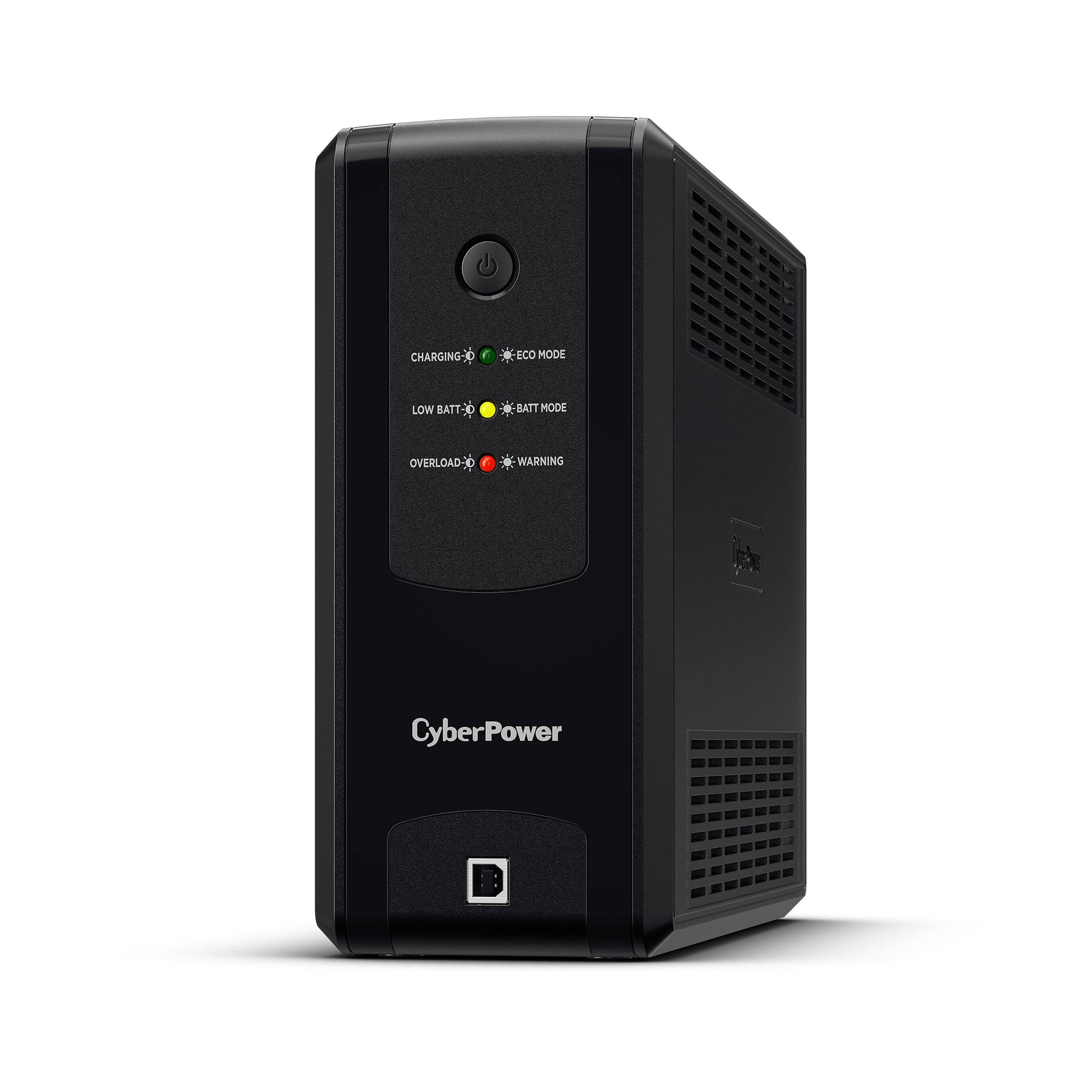 Schwarzer CyberPower USV-Turm mit Stromschalter und Statusleuchten zum Laden, niedriger Batterie, Überlastung und Warnung.