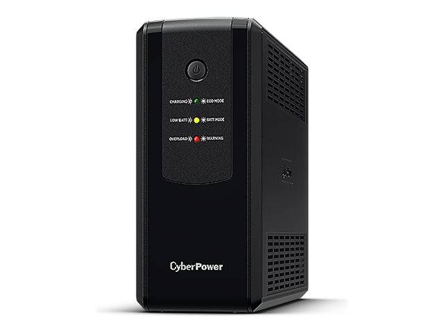 Schwarze CyberPower USV-Batterie-Backup mit vorderer Ein-/Ausschalttaste und Statusleuchten, die Laden, niedriger Batteriestand und Batteriefehler anzeigen.