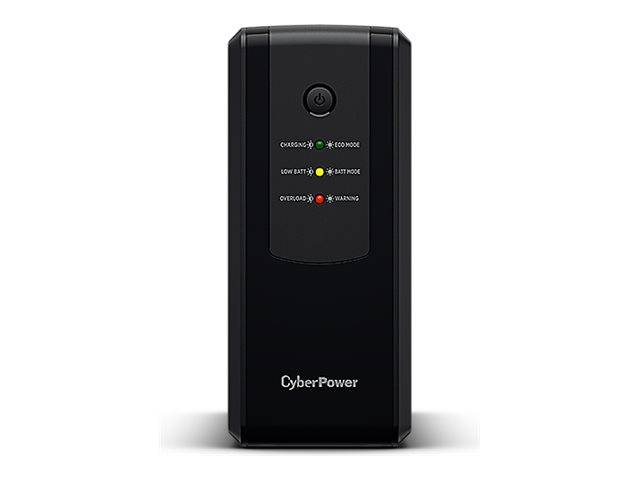 Schwarze CyberPower USV-Batterienotstromversorgung mit Stromschalter und drei Statusleuchten, die Laden, niedriger Batteriestand und Herunterfahren-Modi anzeigen.