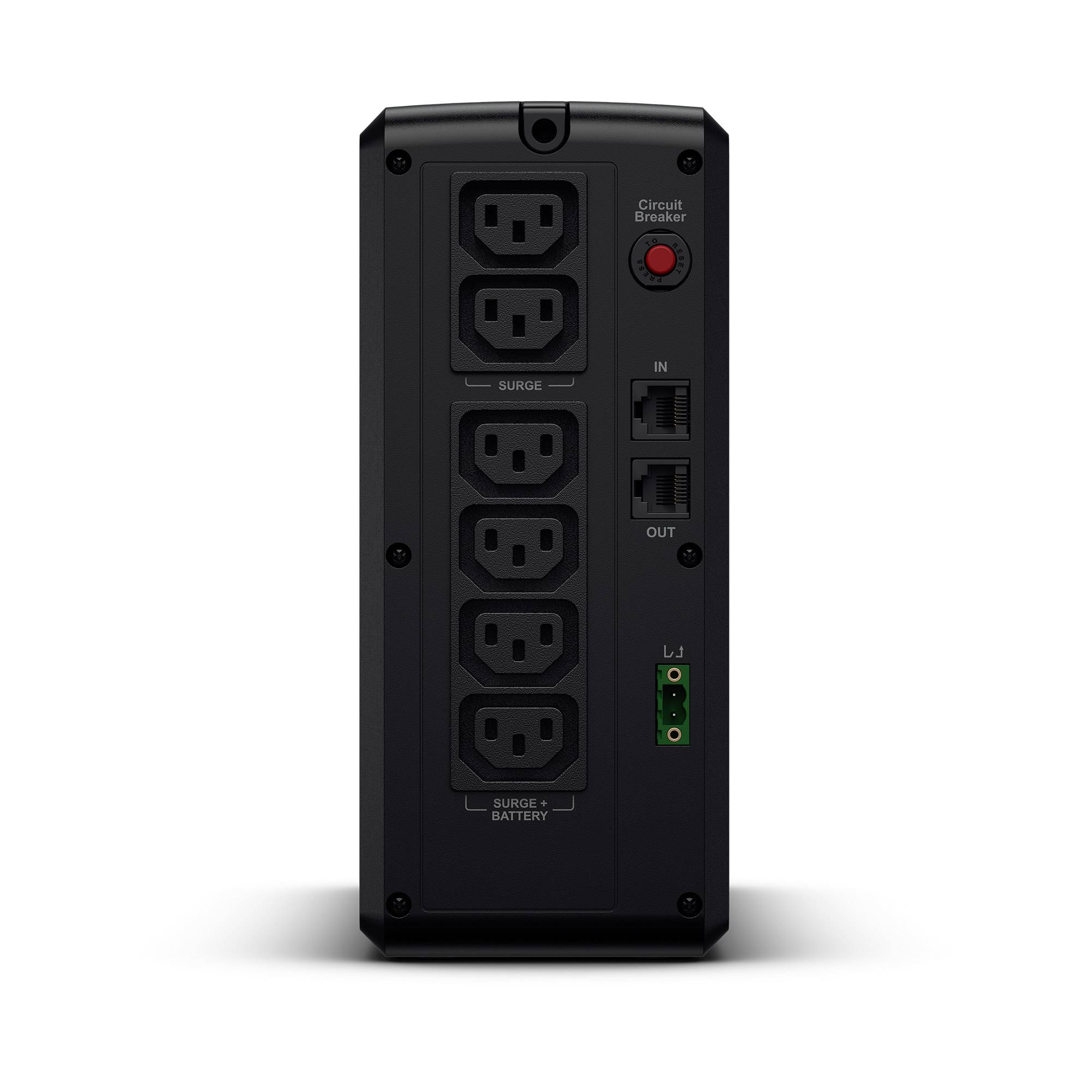 Schwarzes unterbrechungsfreies Stromversorgungsgerät von vorne gezeigt, mit sechs Steckdosen, Schutzschalter, Ein-/Ausgangsanschlüssen und Batterieverbinder.