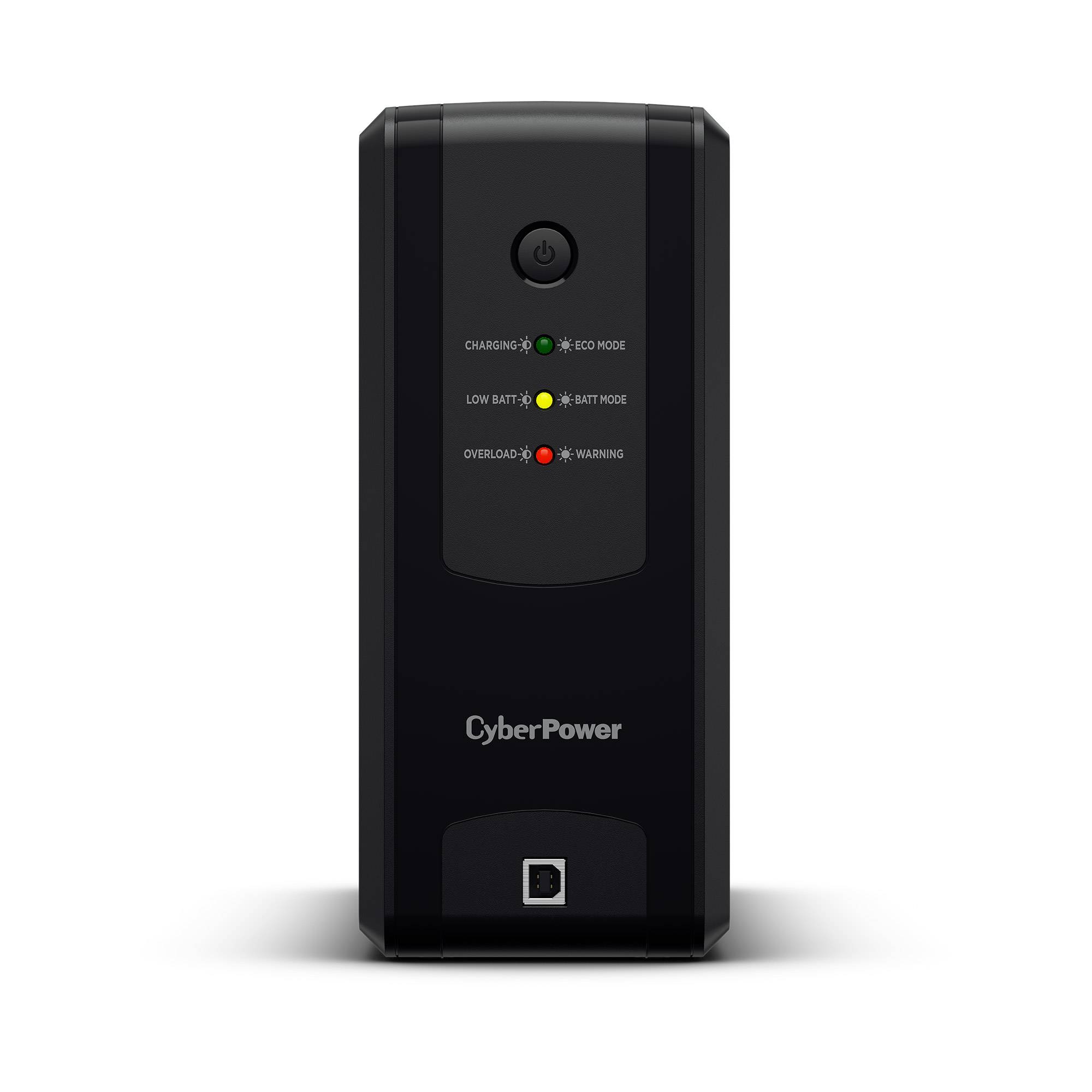 Schwarze CyberPower USV-Batterie-Notstromversorgung mit Netztaste, Statusleuchten und Ethernet-Anschluss auf weißem Hintergrund.