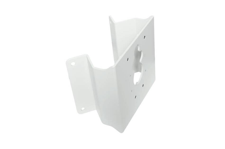 Weißes Metallmontagebracket mit mehreren Löchern und einem zentralen Ausschnitt, dargestellt auf einem schlichten weißen Hintergrund.