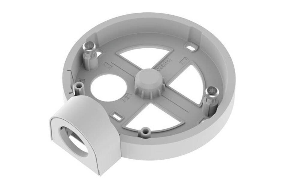 3D-Rendering einer runden kunststoffmontierungsbasis mit einem aufklappbaren Kabeleingangsdeckel und mehreren Schraubenbolzen, dargestellt auf weißem Hintergrund.