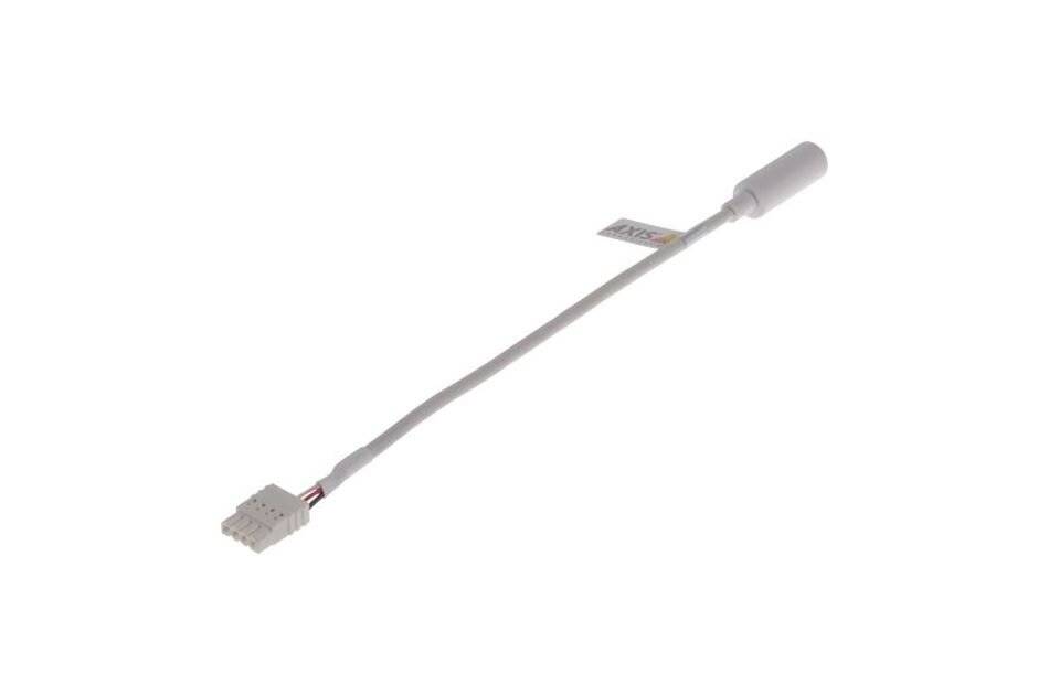 Dünnes graues Kabel mit einem kleinen weißen Stecker an einem Ende und einer zylindrischen Kappe am anderen Ende, isoliert auf weißem Hintergrund.