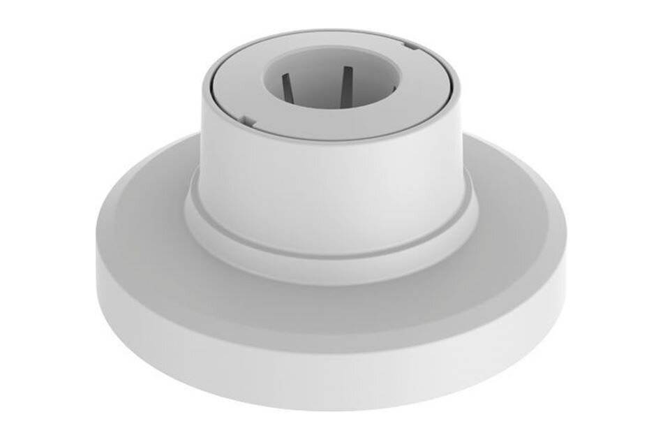 Weißer zylindrischer Kunststoffstecker oder Buchse mit breiter runder Basis, dargestellt vor einem einfachen weißen Hintergrund.