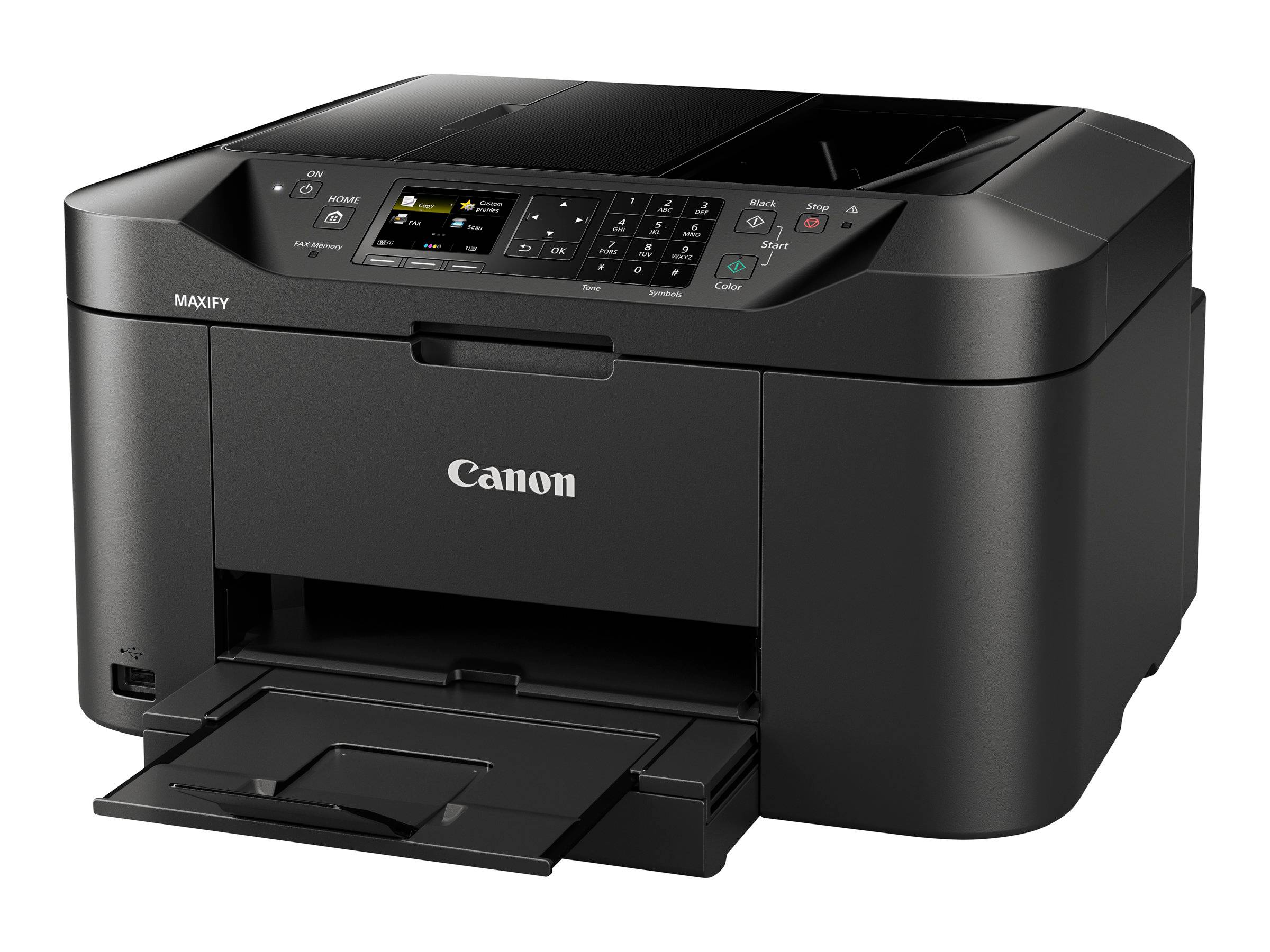 Schwarzer Canon MAXIFY Multifunktionsdrucker mit Bedienfeld und offener vorderer Papierkassette.