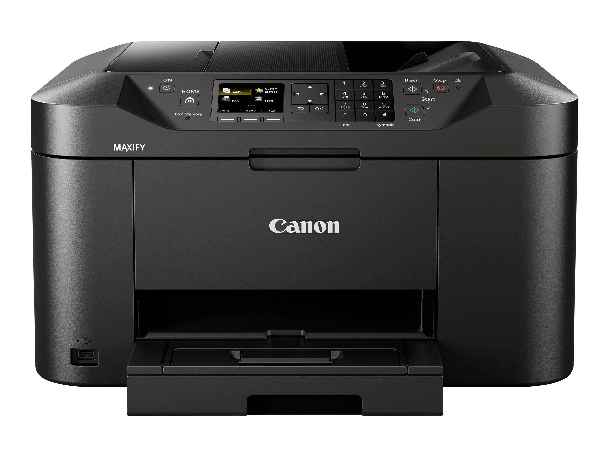 Vorderansicht eines Canon MAXIFY Multifunktionsdruckers mit ausgefahrenem Papierausgabefach und sichtbarem Bedienfeld.