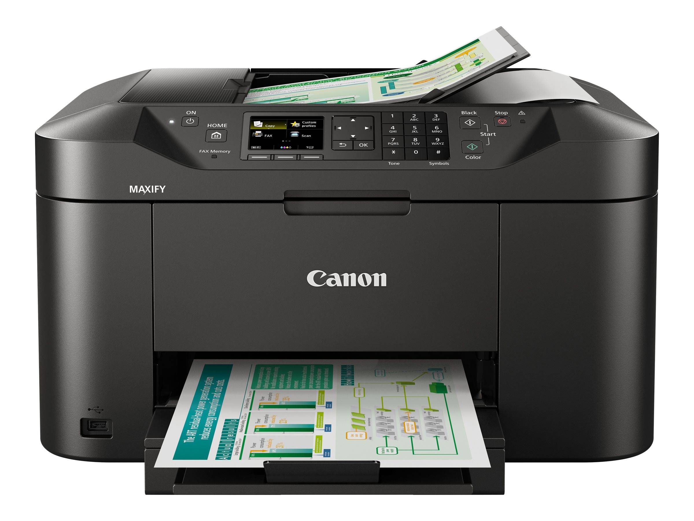 Schwarzer Canon MAXIFY Multifunktionsdrucker druckt ein Farbdokument aus dem hinteren Papierfach, während gleichzeitig eine weitere Seite aus dem vorderen Ausgabefach ausgegeben wird.