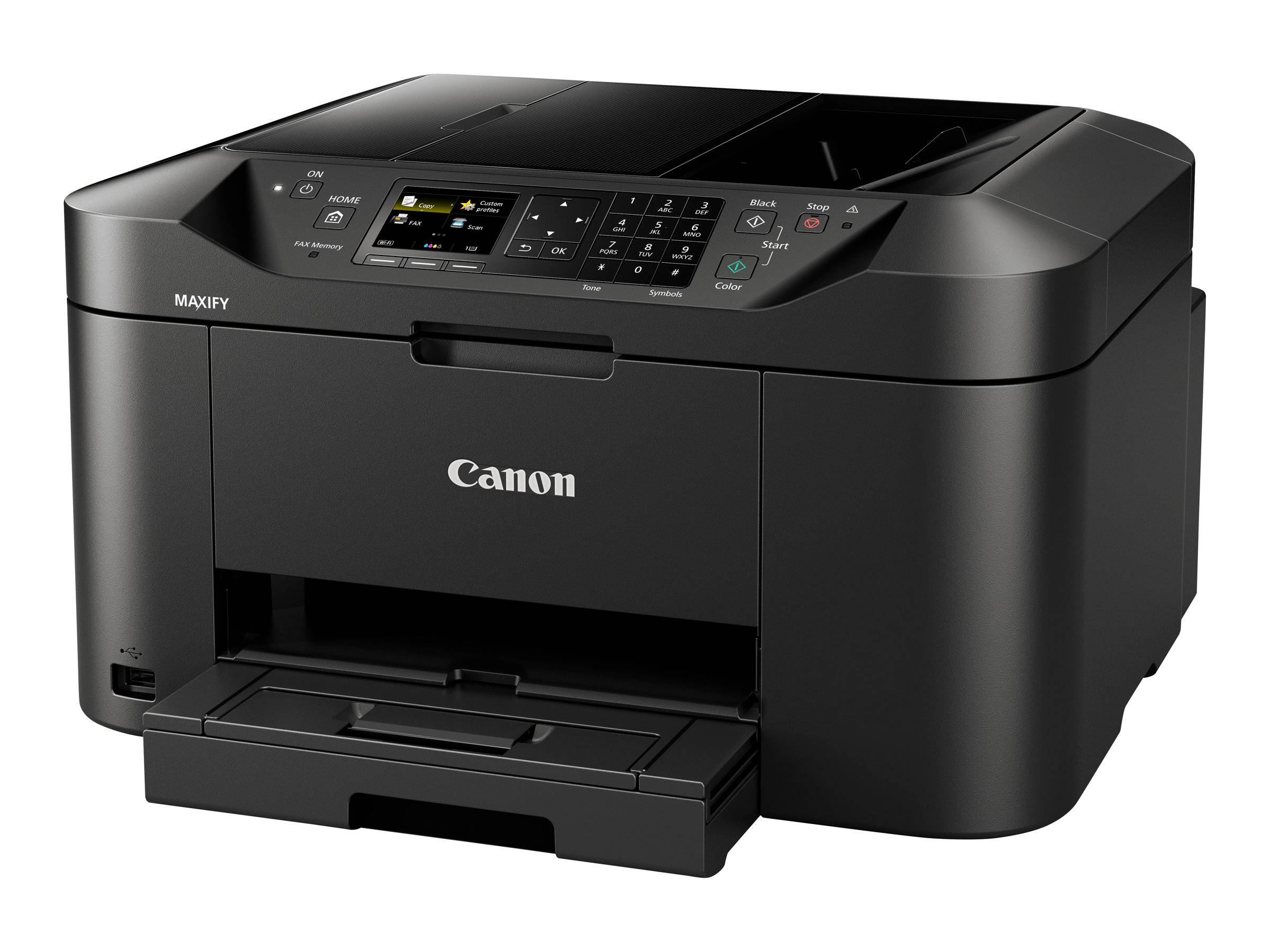 Schwarzer Canon MAXIFY Multifunktionsdrucker mit Papierzufuhr an der Vorderseite und Bedienfeld-Display, dargestellt vor weißem Hintergrund