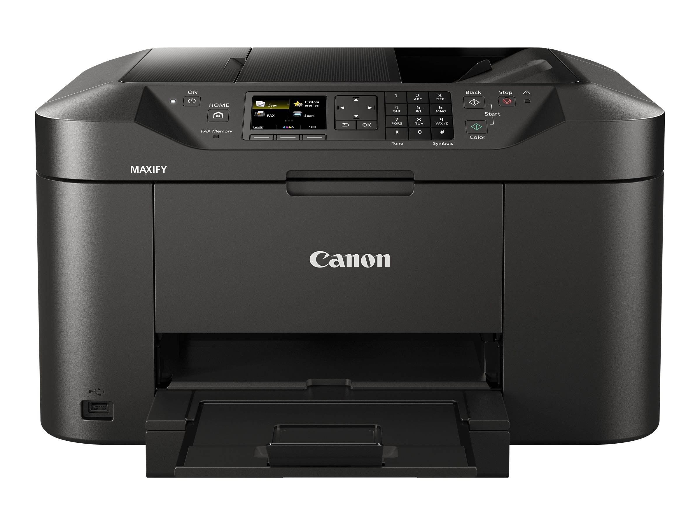 Schwarzer Canon MAXIFY Multifunktionsdrucker in Frontansicht mit offener Bedienfeld und ausgefahrenem Ausgabefach.