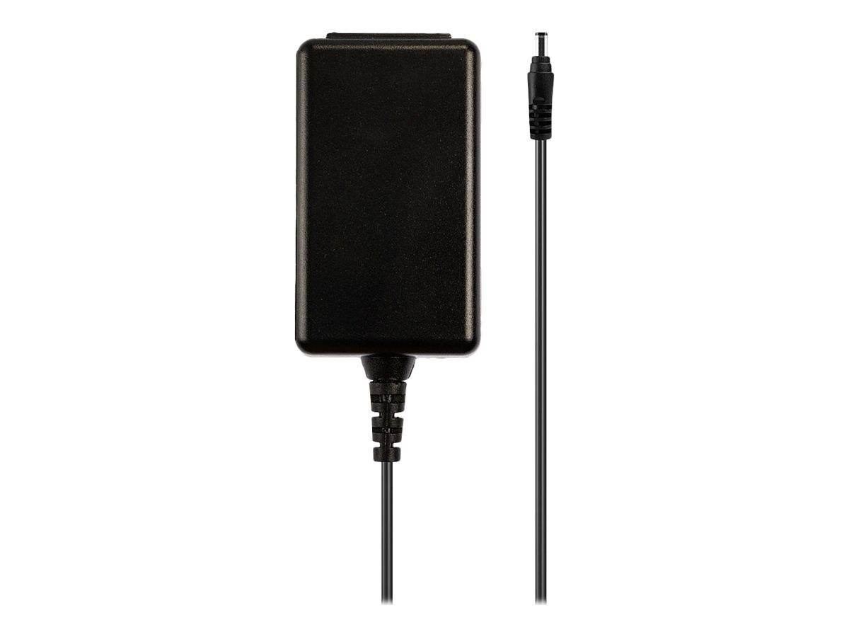 Schwarzer Stromanschlussadapter mit angebrachtem Kabel und separatem Kabel, gezeigt auf weißem Hintergrund.