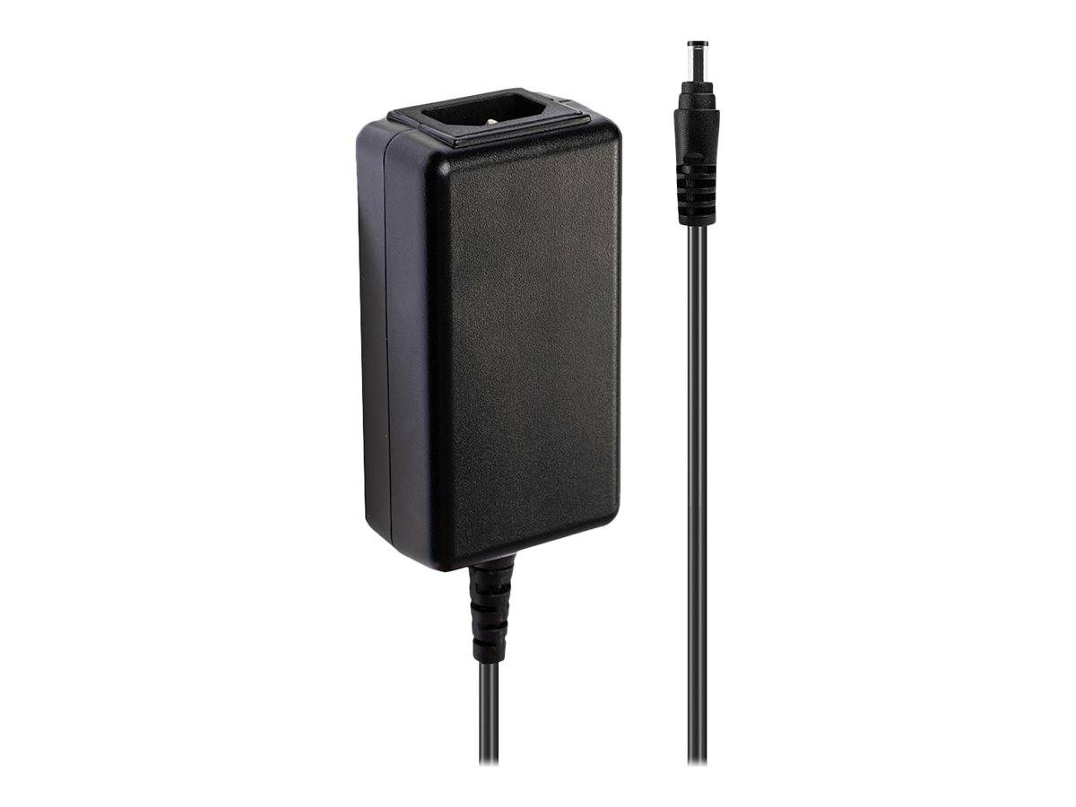 Schwarzer rechteckiger Stromadapter mit angebrachtem Kabel und separatem dünnem Kabel auf weißem Hintergrund.