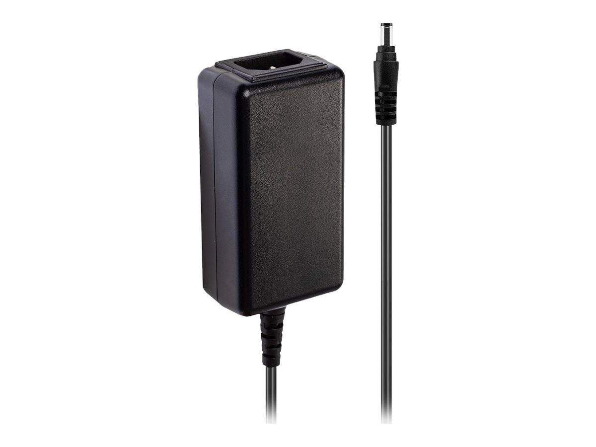 Schwarzer AC-Stromadapter mit angeschlossenem Kabel und Hohlstecker auf weißem Hintergrund.
