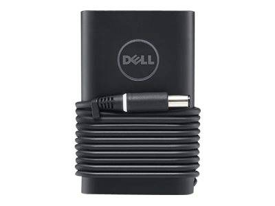Dell-Laptop-Netzteil in Schwarz mit aufgerolltem Ladekabel und angeschlossenem Stecker