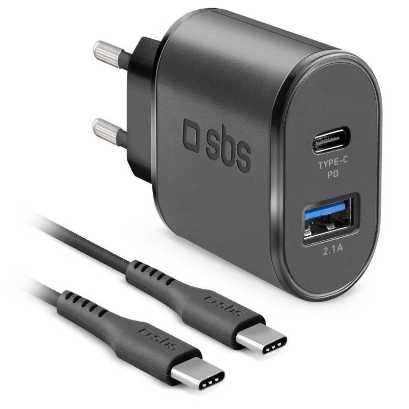 SBS PD-Reiselader 2.1A 1x USB+ Typ C 18W inkl. C-Kabel 1.5m - Schwarz