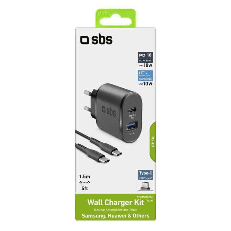 SBS PD-Reiselader 2.1A 1x USB+ Typ C 18W inkl. C-Kabel 1.5m - Schwarz