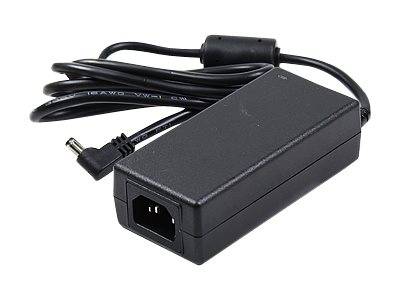 Schwarzer Netzadapter mit angeschlossenem Kabel und Hohlsteckverbinder auf weißem Hintergrund.