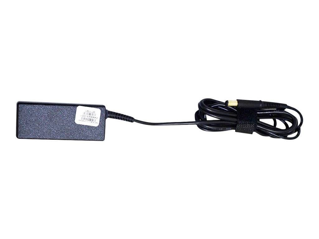 Schwarzer AC-Stromadapter mit angeschlossenem Kabel und Zylinderstecker auf weißem Hintergrund.
