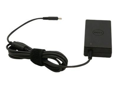 Dell-Laptop-Netzteil in Schwarz mit angebrachtem Kabel und Rundsteckverbinder auf weißem Hintergrund