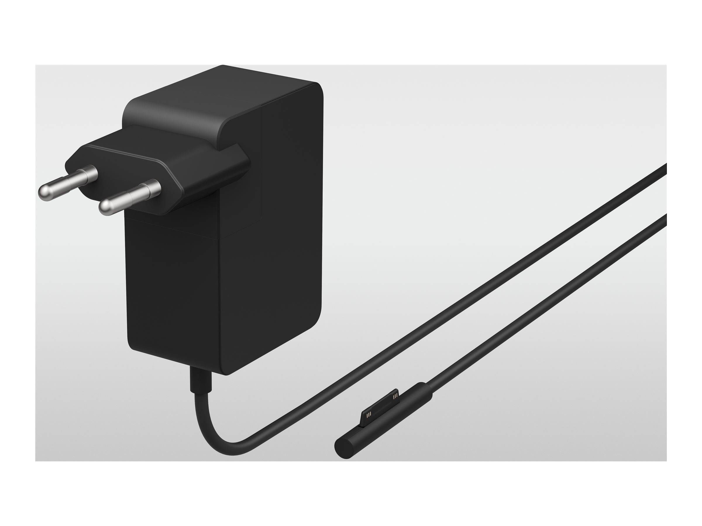 Schwarzer Wandstecker mit zwei runden Stiften und einem langen angebrachten Kabel, das in einen kleinen Stecker endet.