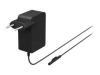 Schwarzer Wandstromadapter mit zweipoliger Steckdose und langem Kabel mit kleinem Stecker am Ende.